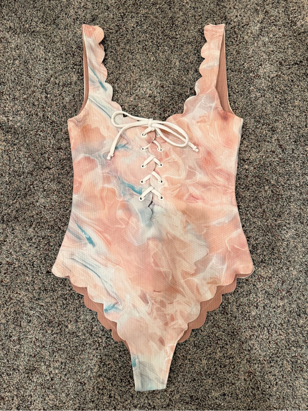 MARYSIA Palm Springs Scalloped Lace-Up Marbled Printed One-Piece Swimsuit $295 M